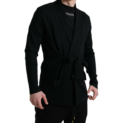 Dolce & Gabbana Black Cashmere Long Sleeves Belted Wrap Robe