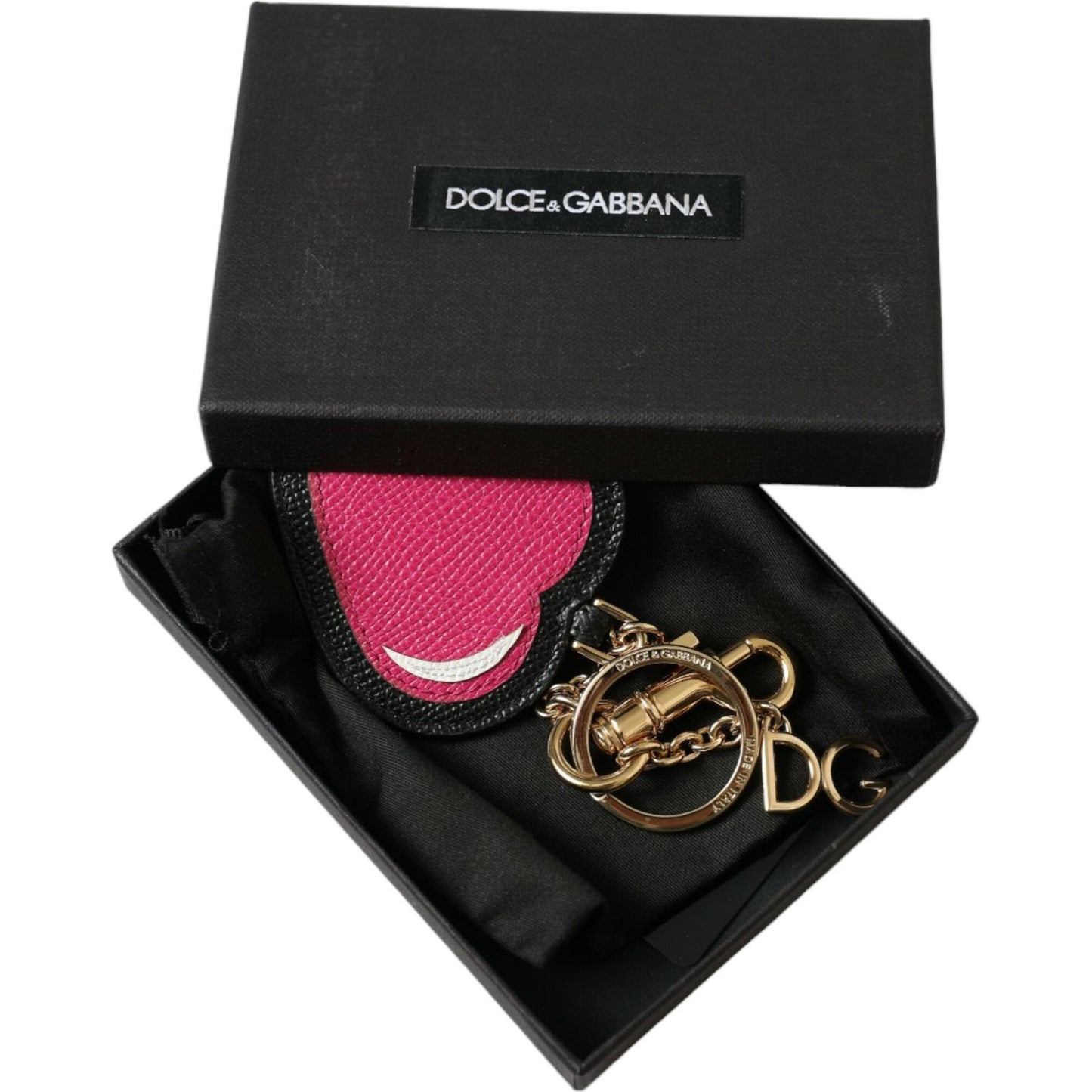 Dolce & Gabbana Pink Black Heart Leather Gold Tone Brass Keyring Keychain