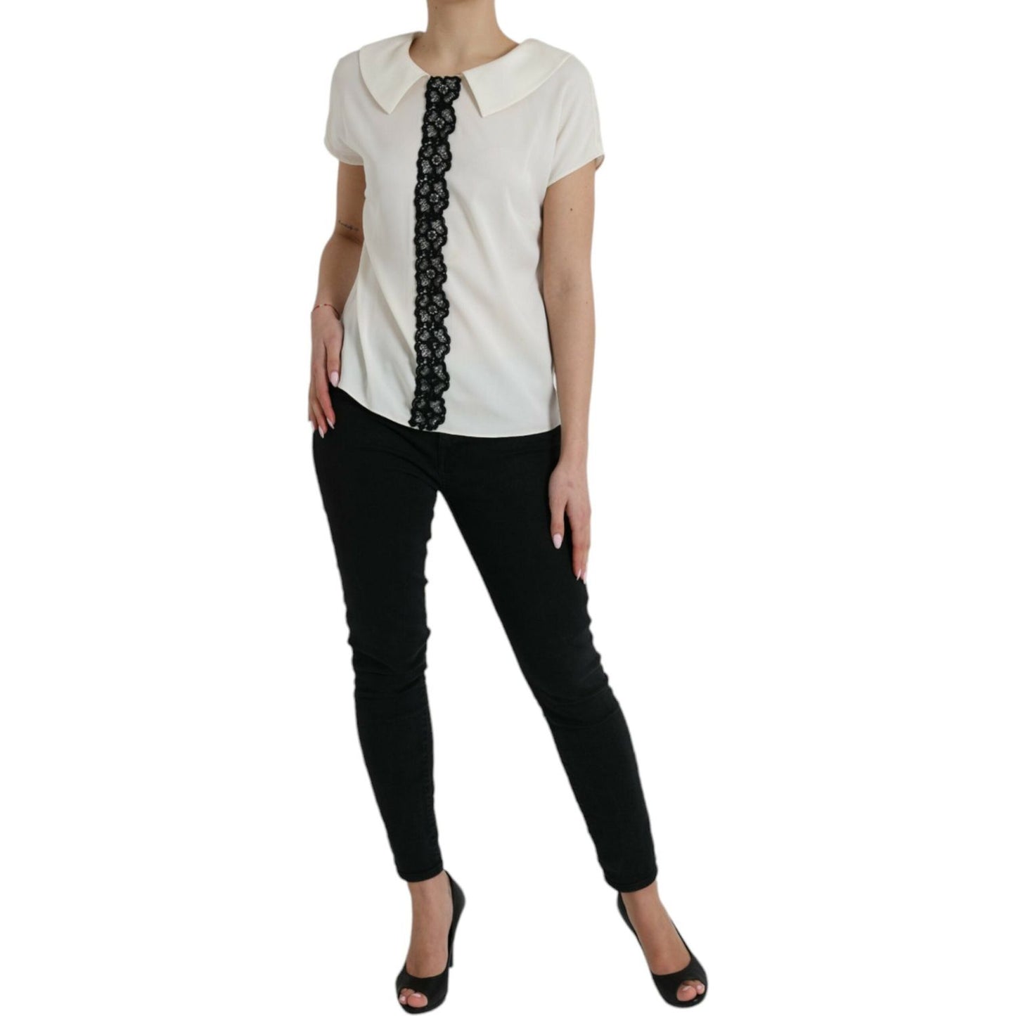 Dolce & Gabbana Off White Silk Lace Trim Short Sleeves Top