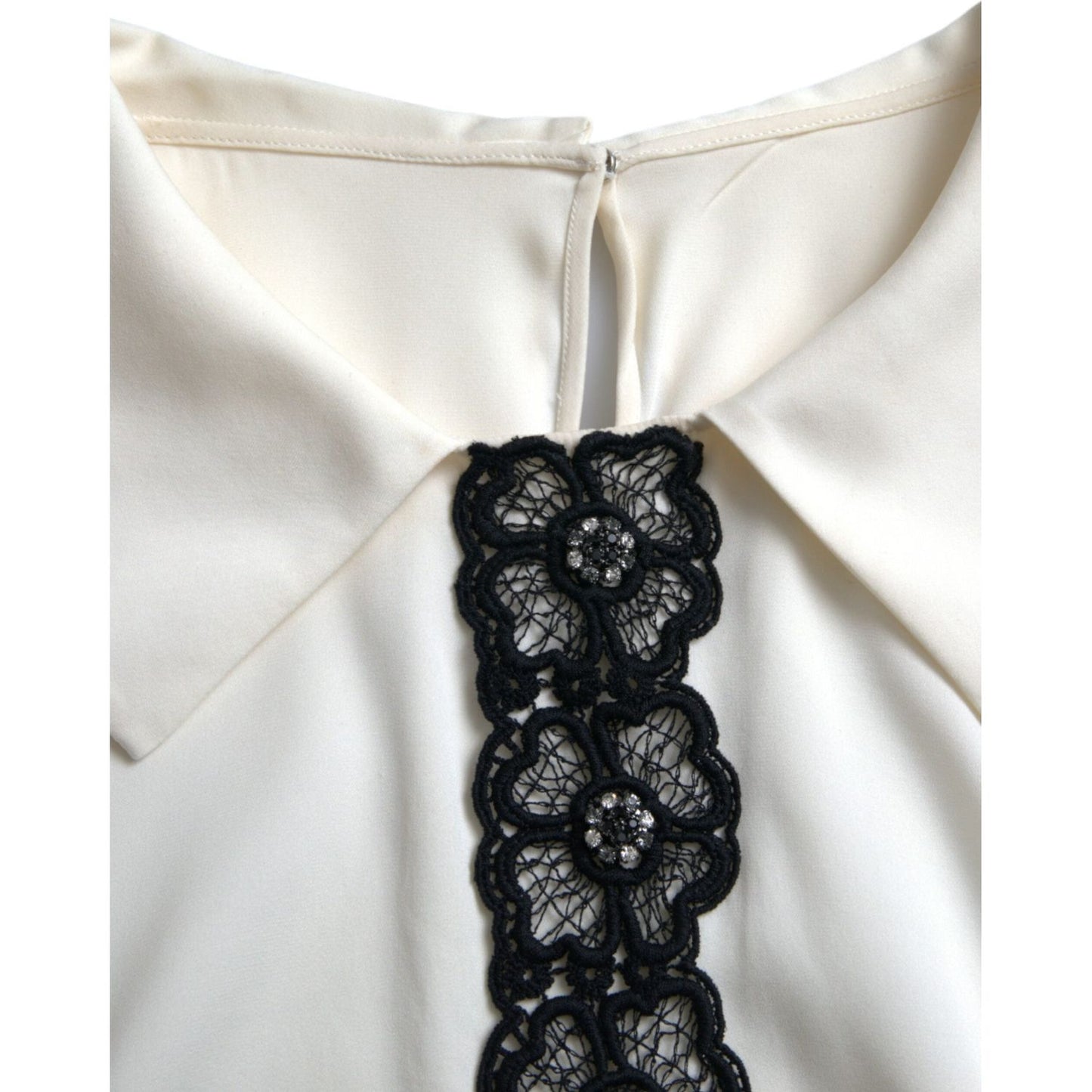 Dolce & Gabbana Off White Silk Lace Trim Short Sleeves Top
