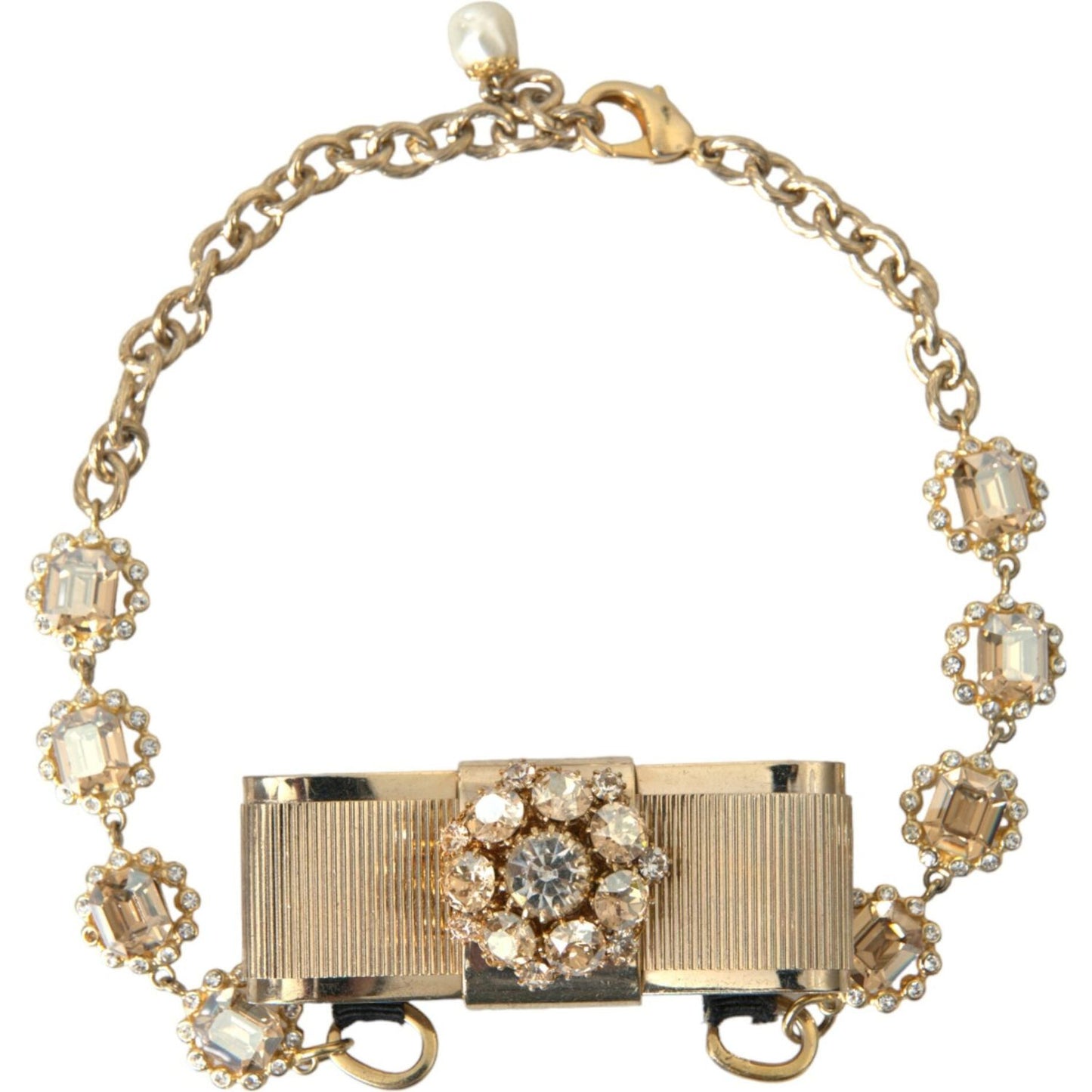 Dolce & Gabbana Gold Brass Clear Crystal Bow Chain Choker Necklace Necklace