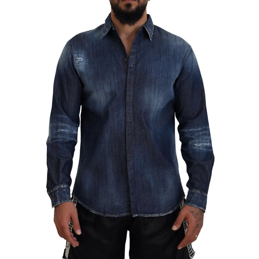 Dsquared² Blue Tattered Crystal Embellished Denim Shirt