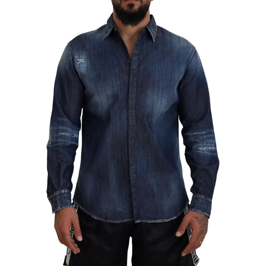 Dsquared² Blue Tattered Crystal Embellished Denim Shirt JKT3532-48