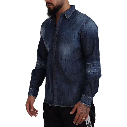 Dsquared² Blue Tattered Crystal Embellished Denim Shirt JKT3532-48