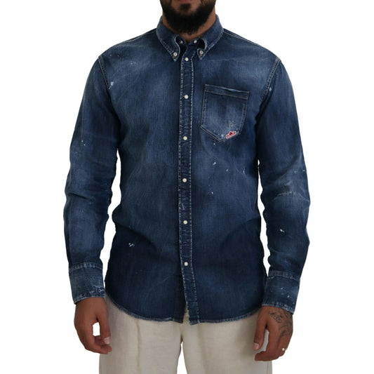 Dsquared² Blue Washed Collared Men Casual Long Sleeves Shirt TSH83558-48