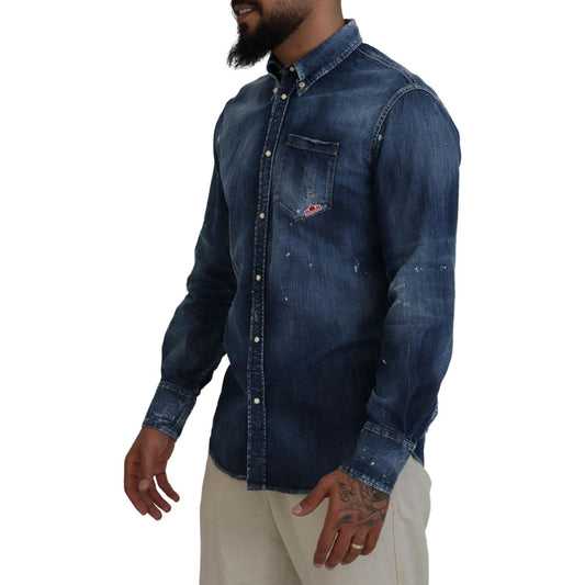 Dsquared² Blue Washed Collared Men Casual Long Sleeves Shirt TSH83558-48