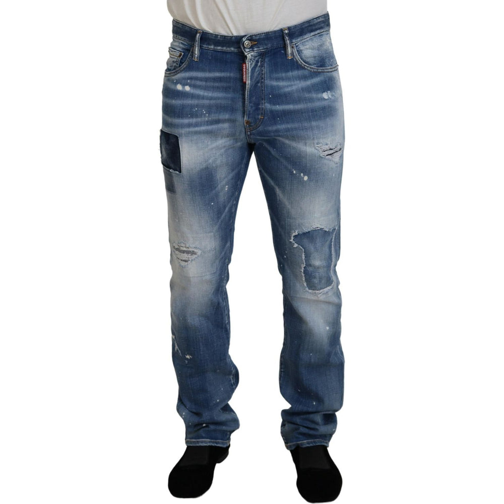 Dsquared² Blue Washed Tattered Straight Fit Casual Denim Jeans PAN74375-48