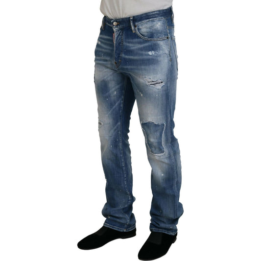 Dsquared² Blue Washed Tattered Straight Fit Casual Denim Jeans PAN74375-48
