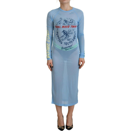 Dsquared² Blue Printed Viscose Long Sleeves Cover Up Dress DR28834