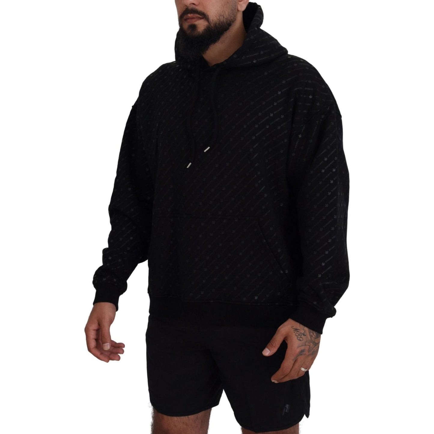 Dsquared² Black Cotton Hooded Printed Men Pullover Sweater TSH83492-48