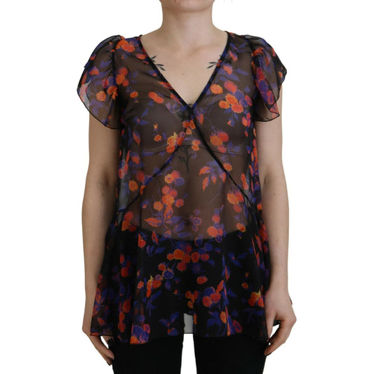 Dsquared² Black Floral Print Short Sleeves V-neck Blouse Top TSH83383-38