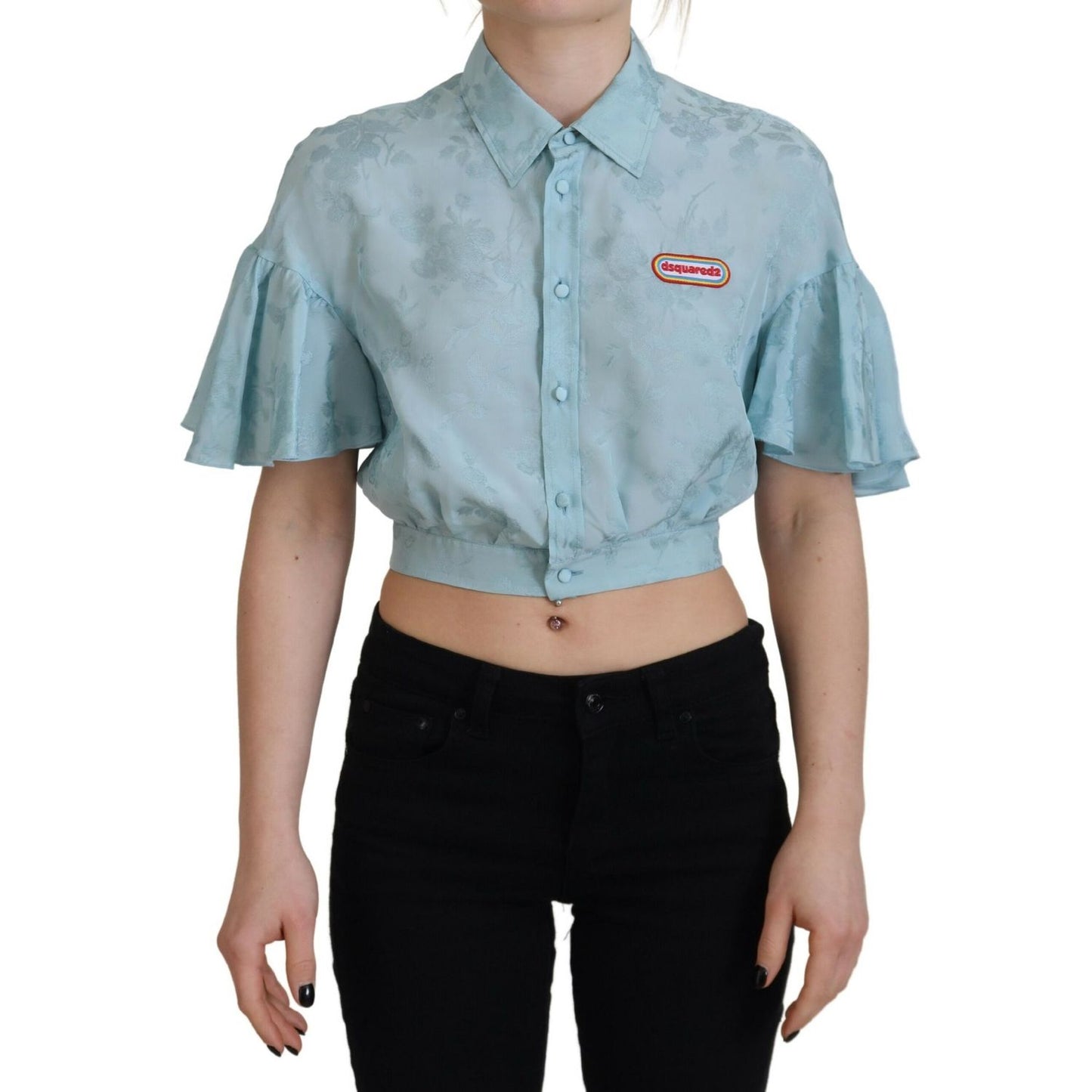 Dsquared² Blue Collared Button Down Short Sleeve Cropped Top