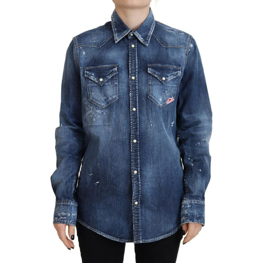 Dsquared² Blue Washed Cotton Button Down Collared Denim Shirt TSH83430-38