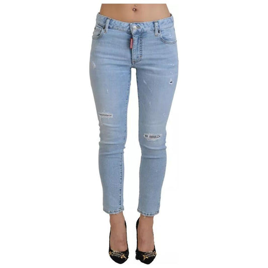Dsquared² Blue Tattered Mid Waist Cropped Twiggy Denim Jeans PAN74520-38