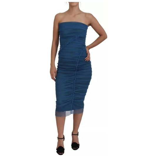 Dolce & Gabbana Blue Mesh Trim Ruched Tulle Sheath Dress DR28873-40