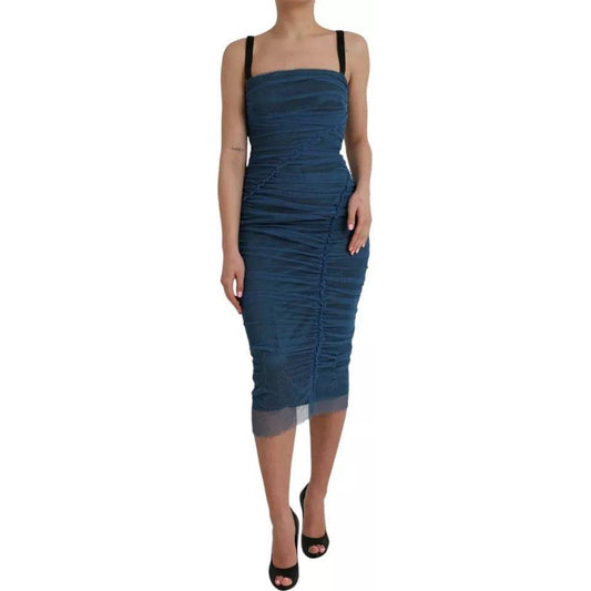 Dolce & Gabbana Blue Mesh Trim Ruched Tulle Sheath Dress DR281189-44
