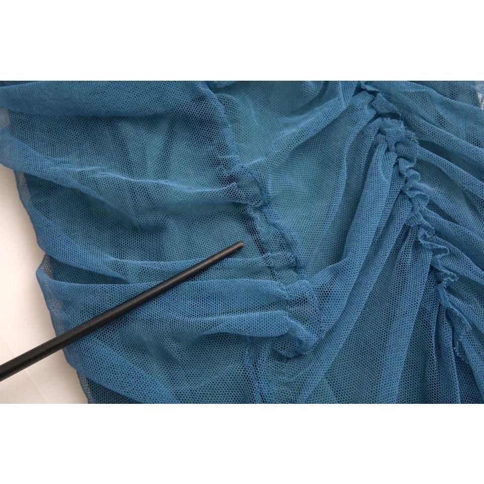 Dolce & Gabbana Blue Mesh Trim Ruched Tulle Sheath Dress