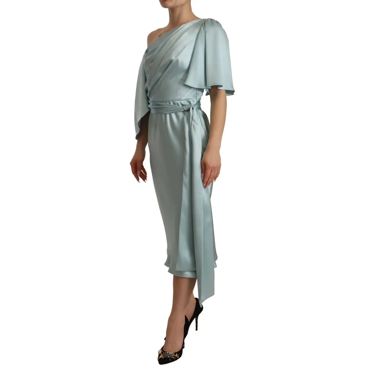 Dolce & Gabbana Silk Mint Green Fit Cut One Shoulder Midi Dress DR28280