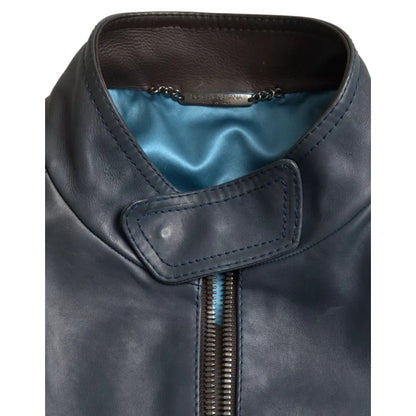 Dolce & Gabbana Blue Leather Full Zip Biker Blouson Jacket 1728,67345645728,Biker Jackets - Jackets & Coats - Clothing,Blue,Clothing,Dolce & Gabbana,IT48 | M,Jackets & Coats - Clothing,Jackets - Men - Clothing,Leather Jackets - Jackets & Coats - Clothing,