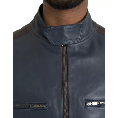 Dolce & Gabbana Blue Leather Full Zip Biker Blouson Jacket 1728,67345645728,Biker Jackets - Jackets & Coats - Clothing,Blue,Clothing,Dolce & Gabbana,IT48 | M,Jackets & Coats - Clothing,Jackets - Men - Clothing,Leather Jackets - Jackets & Coats - Clothing,
