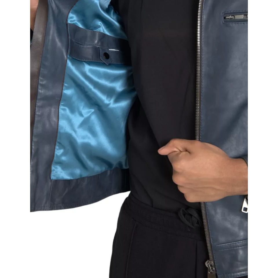 Dolce & Gabbana Blue Leather Full Zip Biker Blouson Jacket 1728,67345645728,Biker Jackets - Jackets & Coats - Clothing,Blue,Clothing,Dolce & Gabbana,IT48 | M,Jackets & Coats - Clothing,Jackets - Men - Clothing,Leather Jackets - Jackets & Coats - Clothing,