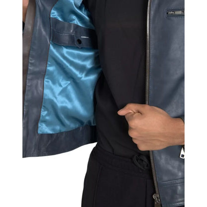Dolce & Gabbana Blue Leather Full Zip Biker Blouson Jacket 1728,67345645728,Biker Jackets - Jackets & Coats - Clothing,Blue,Clothing,Dolce & Gabbana,IT48 | M,Jackets & Coats - Clothing,Jackets - Men - Clothing,Leather Jackets - Jackets & Coats - Clothing,