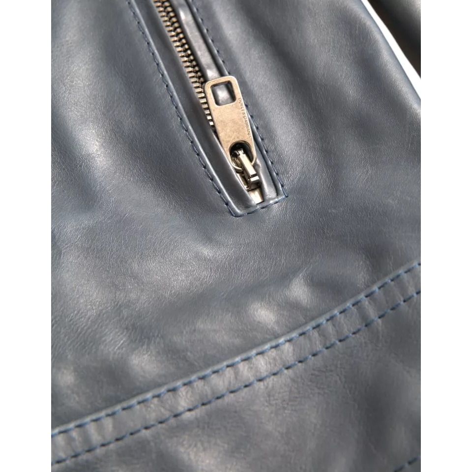 Dolce & Gabbana Blue Leather Full Zip Biker Blouson Jacket 1728,67345645728,Biker Jackets - Jackets & Coats - Clothing,Blue,Clothing,Dolce & Gabbana,IT48 | M,Jackets & Coats - Clothing,Jackets - Men - Clothing,Leather Jackets - Jackets & Coats - Clothing,