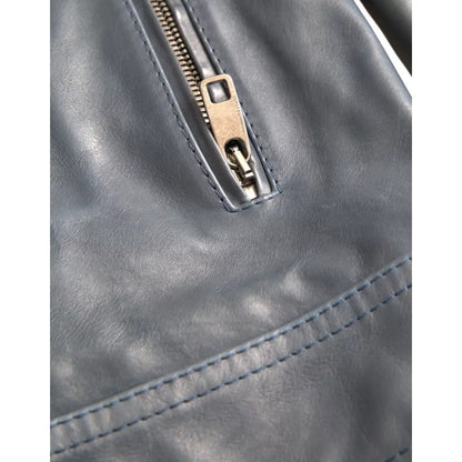 Dolce & Gabbana Blue Leather Full Zip Biker Blouson Jacket 1728,67345645728,Biker Jackets - Jackets & Coats - Clothing,Blue,Clothing,Dolce & Gabbana,IT48 | M,Jackets & Coats - Clothing,Jackets - Men - Clothing,Leather Jackets - Jackets & Coats - Clothing,