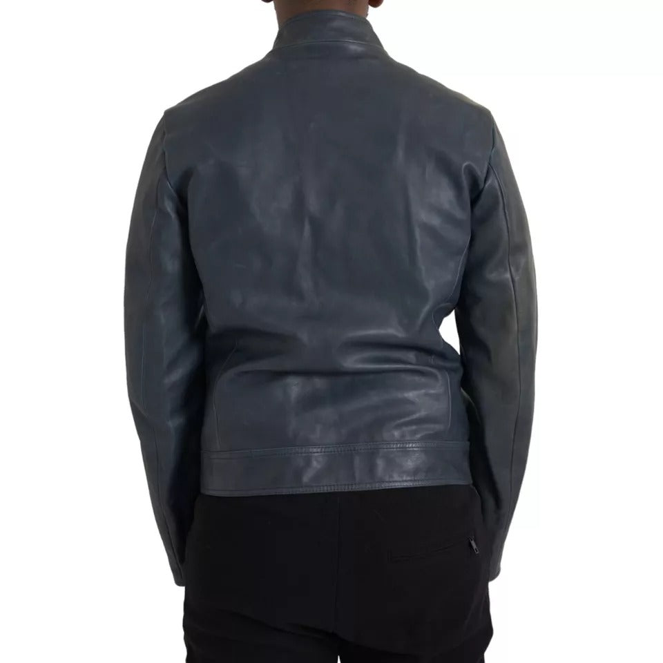Dolce & Gabbana Blue Leather Full Zip Biker Blouson Jacket 1728,67345645728,Biker Jackets - Jackets & Coats - Clothing,Blue,Clothing,Dolce & Gabbana,IT48 | M,Jackets & Coats - Clothing,Jackets - Men - Clothing,Leather Jackets - Jackets & Coats - Clothing,