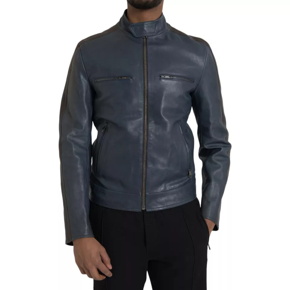 Dolce & Gabbana Blue Leather Full Zip Biker Blouson Jacket 1728,67345645728,Biker Jackets - Jackets & Coats - Clothing,Blue,Clothing,Dolce & Gabbana,IT48 | M,Jackets & Coats - Clothing,Jackets - Men - Clothing,Leather Jackets - Jackets & Coats - Clothing,