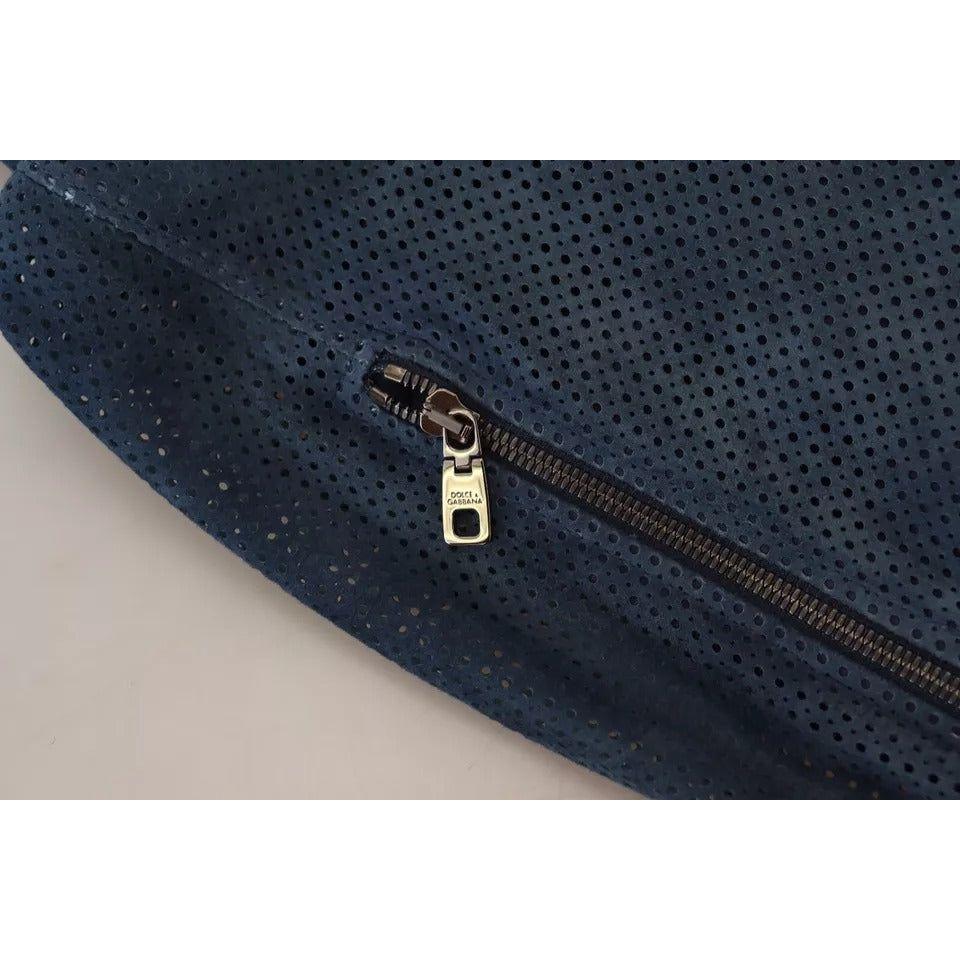 Dolce & Gabbana Blue Leather Perforated Full Zip Jacket