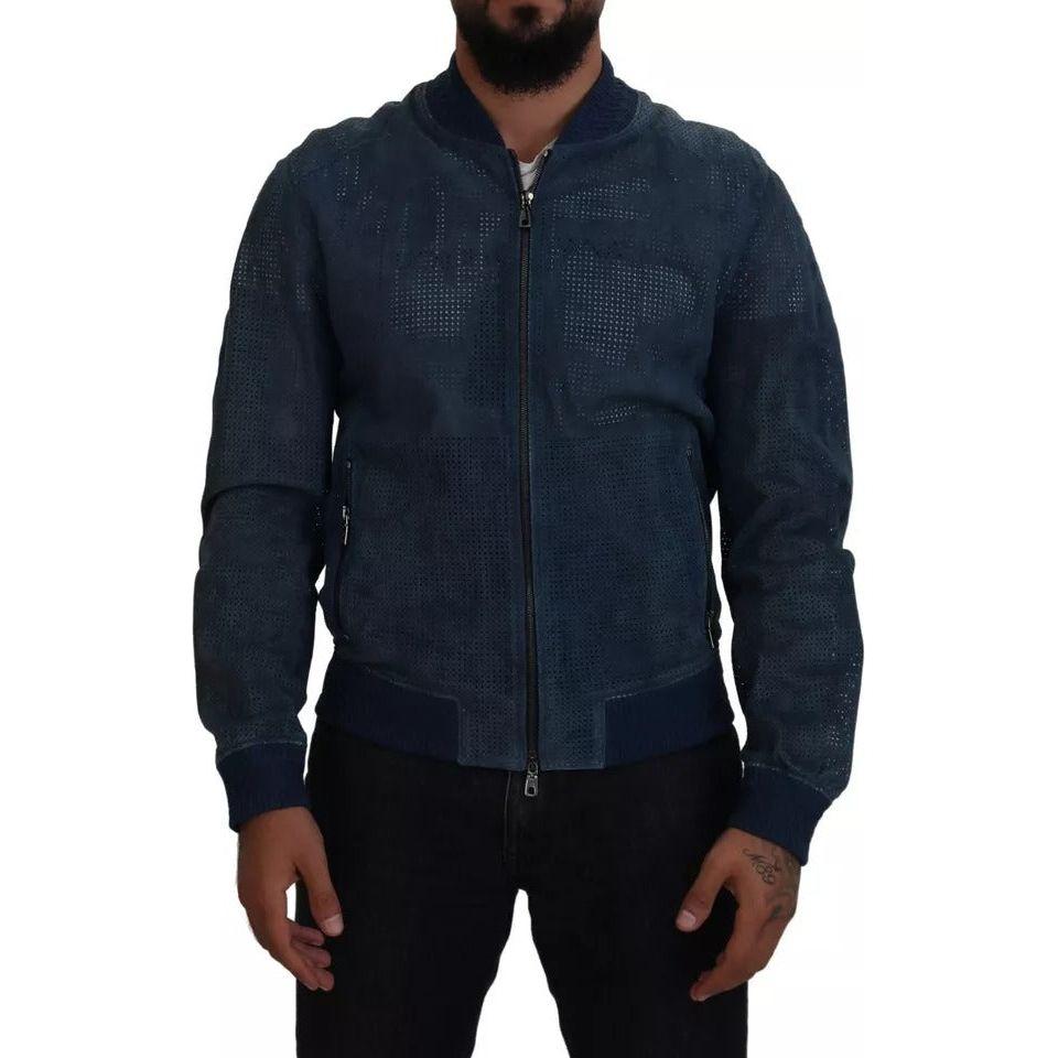 Dolce & Gabbana Blue Leather Perforated Full Zip Jacket