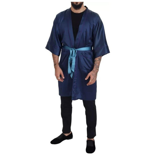 Dolce & Gabbana Blue Satin Silk Waist Belt Robe Jacket JKT3458-48
