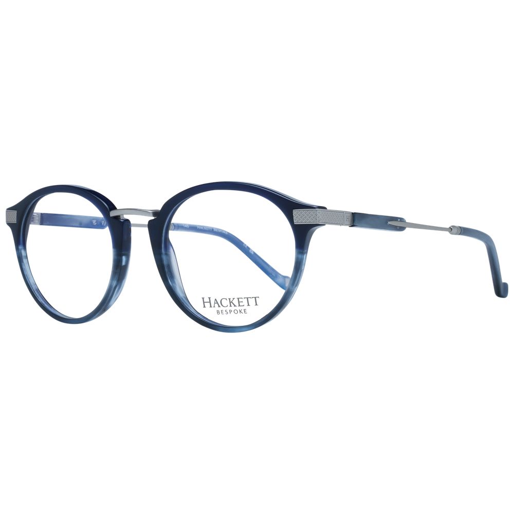 Hackett Blue Men Glasses Frame, acetate full-rim round design with demo plastic lenses, size 50-19-145, includes branded case.