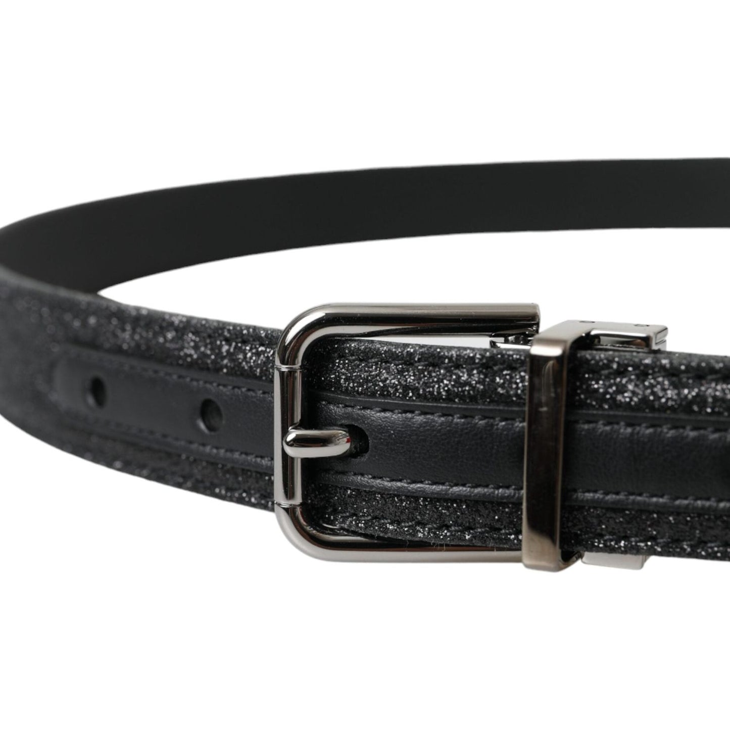 Dolce & Gabbana Black Glittered Leather Silver Buckle Belt