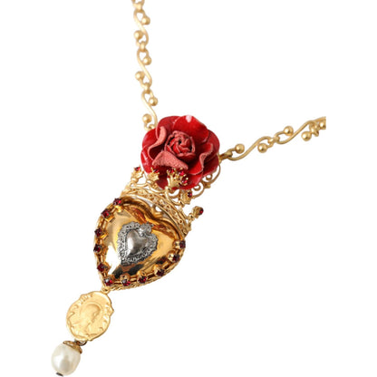 Dolce & Gabbana Gold BrassChain Sacred Heart Rose Crystal Charm Necklace Necklace