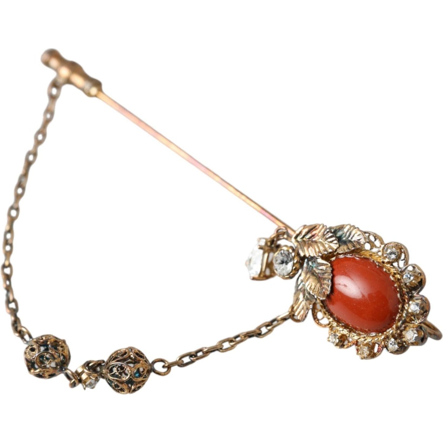 Dolce & Gabbana Gold Brass Crystal Chain 925 Sterling Silver Pin Brooch SMY10290