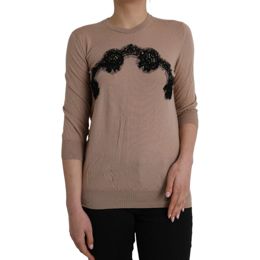 Dolce & Gabbana Brown Wool Black Lace 3/4 Sleeve Blouse Top