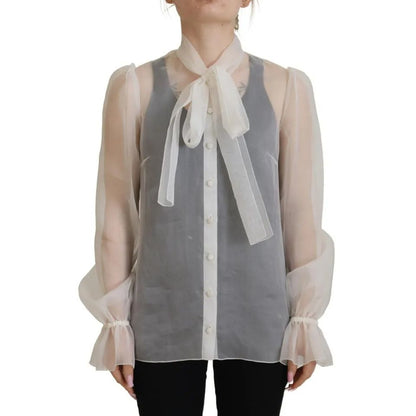 Dolce & Gabbana White Ascot Collar Long Sleeves Blouse Top