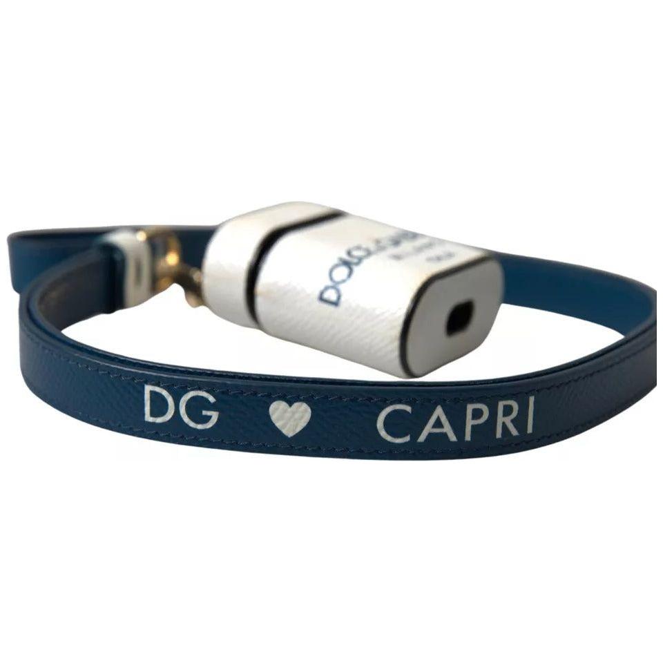 Dolce & Gabbana White Blue Calf Leather Logo Print Strap Airpods Case