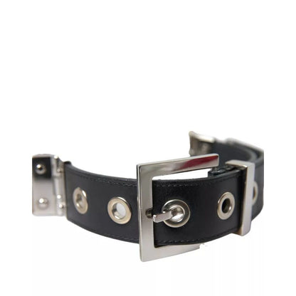 Dolce & Gabbana Black Leather Beige Strap Silver Metal Buckle Belt