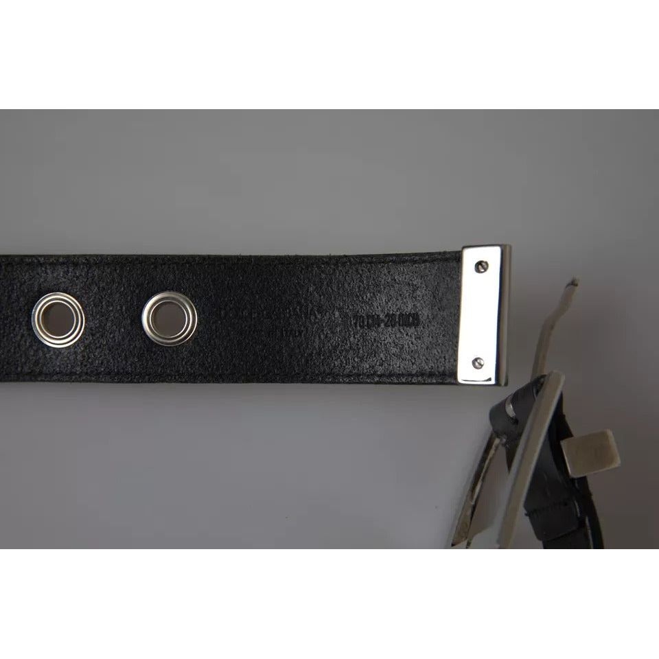 Dolce & Gabbana Black Leather Beige Strap Silver Metal Buckle Belt