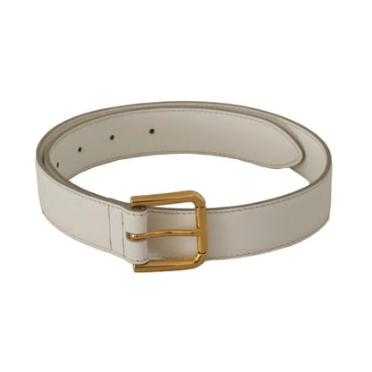 Dolce & Gabbana White Leather Gold Logo Engraved Metal Buckle Belt