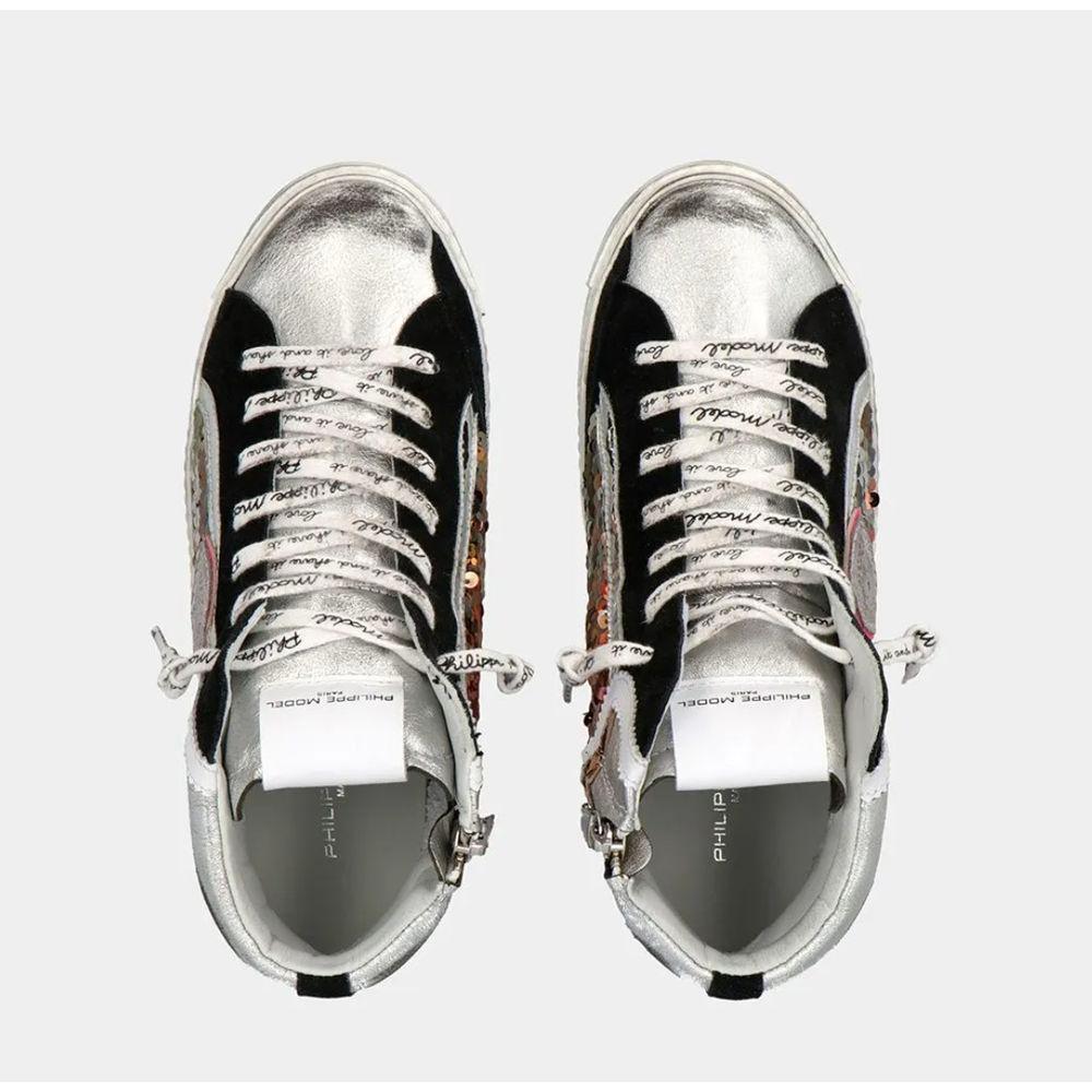 Philippe Model Elegant Gray Leather Sneakers with Sequin Details PH-10952-IT36|XXS