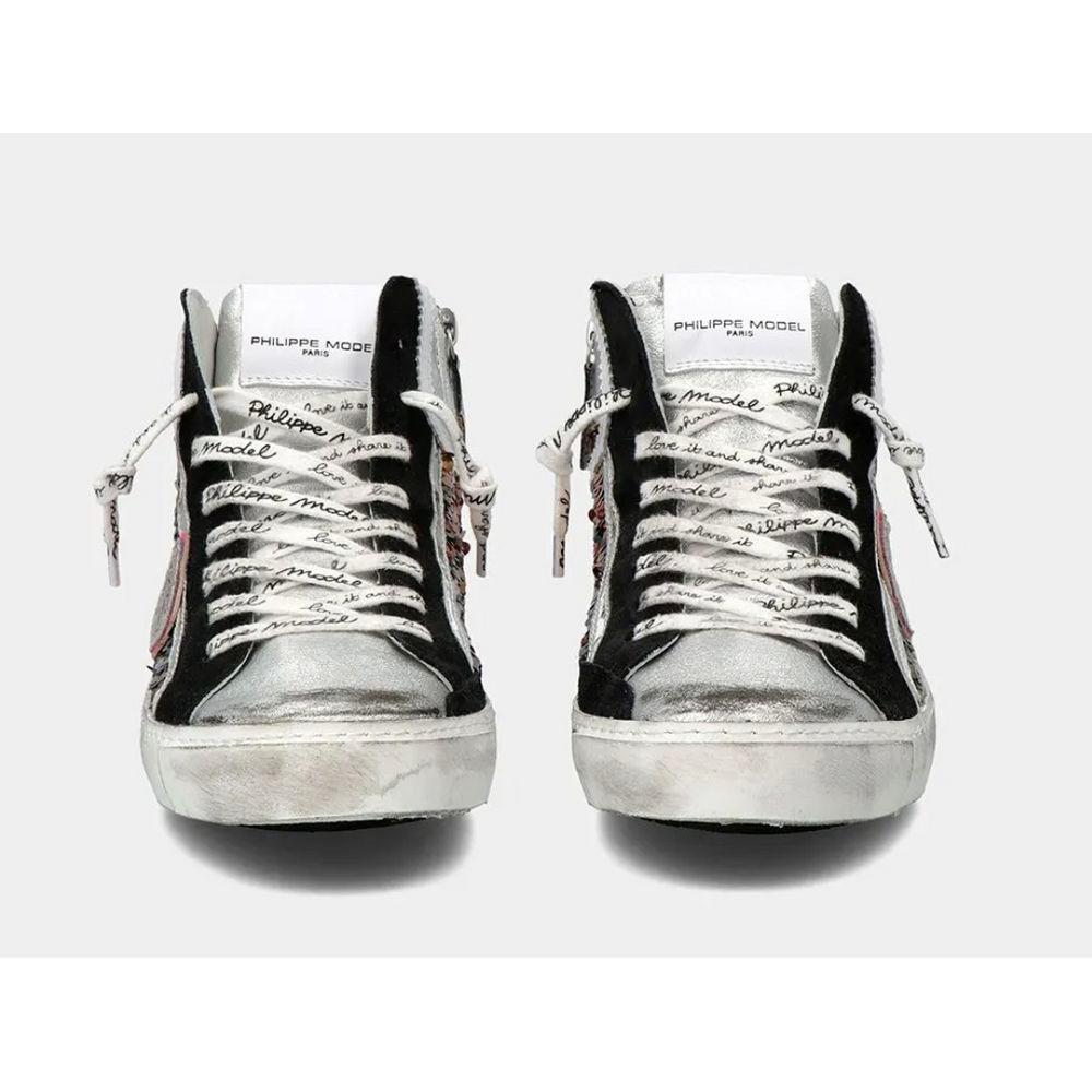 Philippe Model Elegant Gray Leather Sneakers with Sequin Details PH-10952-IT36|XXS