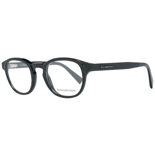 Ermenegildo Zegna Black Men Glasses Frame, full-rim round design, black plastic material, size 48-22-145, includes branded case.