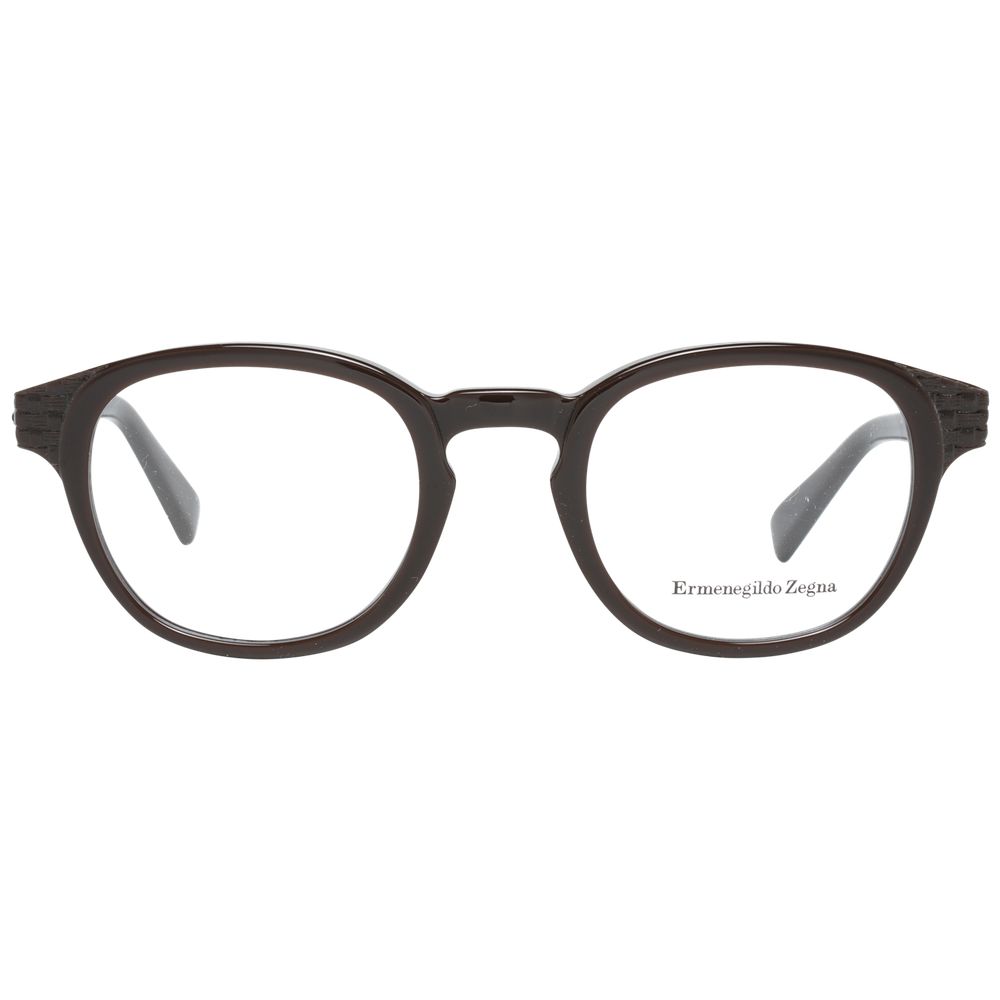 Ermenegildo Zegna Brown Men Glasses Frame, plastic full-rim style with spring hinge, size 48-22-145, includes branded case.