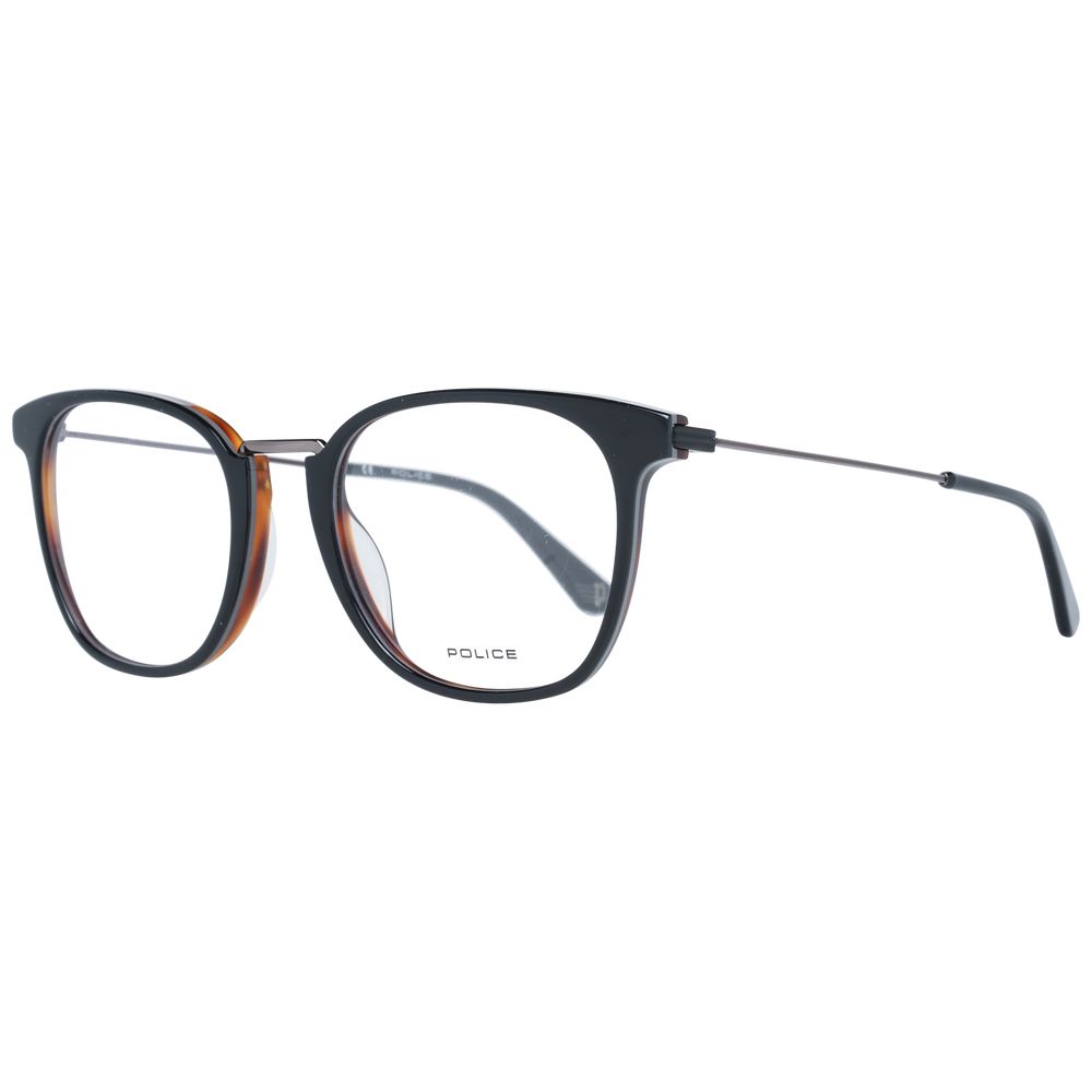 Police Black Men Glasses Frame, full-rim style with metal & plastic, demo lenses included.