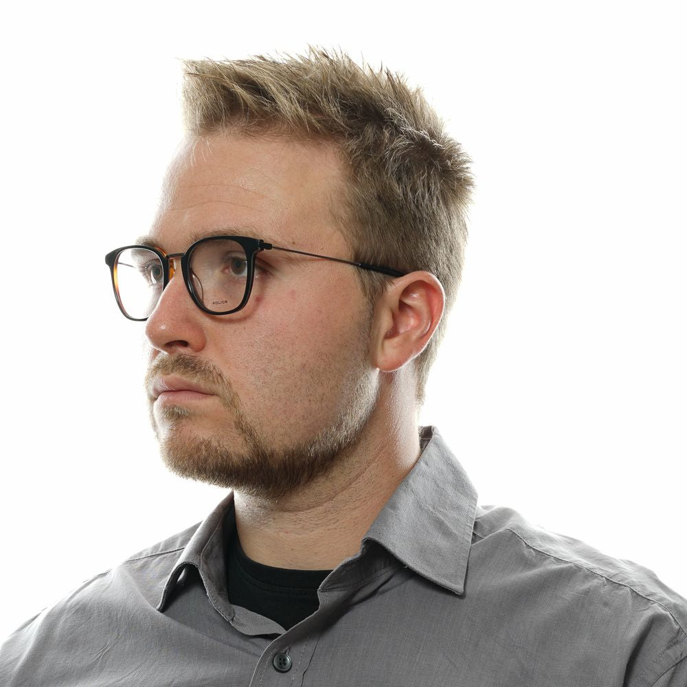 Man wearing Police Black Men Glasses Frame, round full-rim style, black metal and plastic material, shown in side profile.