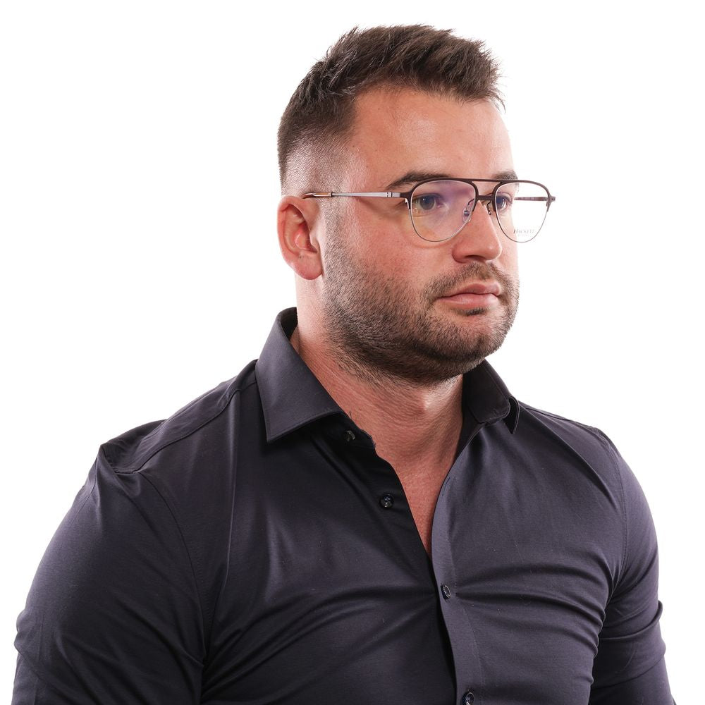 Man wearing Hackett Brown Men Glasses Frame with a blue filter, showcasing half-rim style, brown metal and plastic frame.